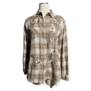 EUC 3J WORKSHOP JOHNNY WAS PLAID BUTTON-DOWN FLORAL EMBROIDERY SZ M